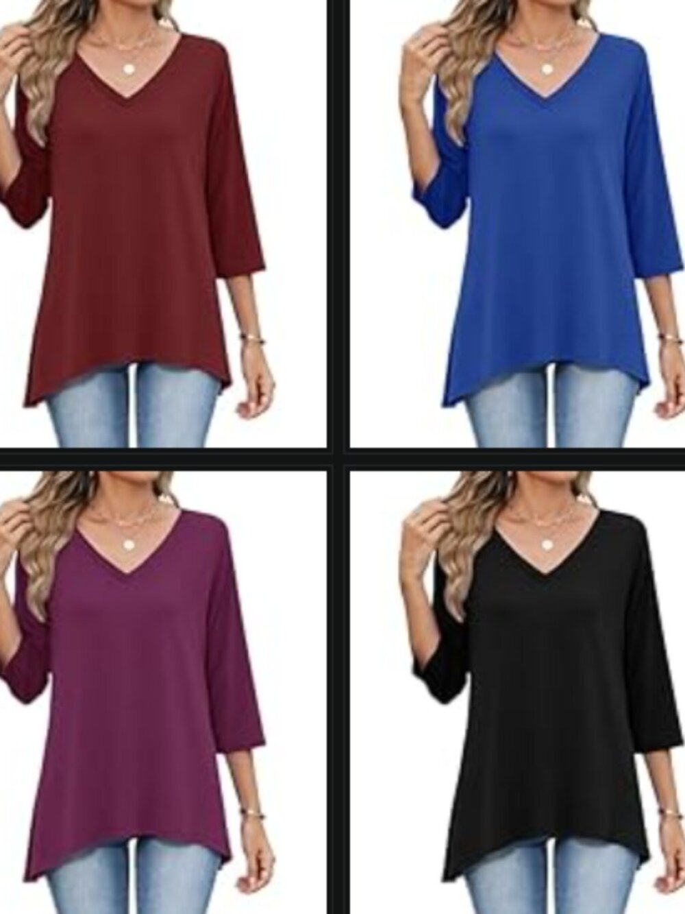 3/4 Length Sleeve Womens V Neck Loose Fit Tops Bundle of Colors Shown!